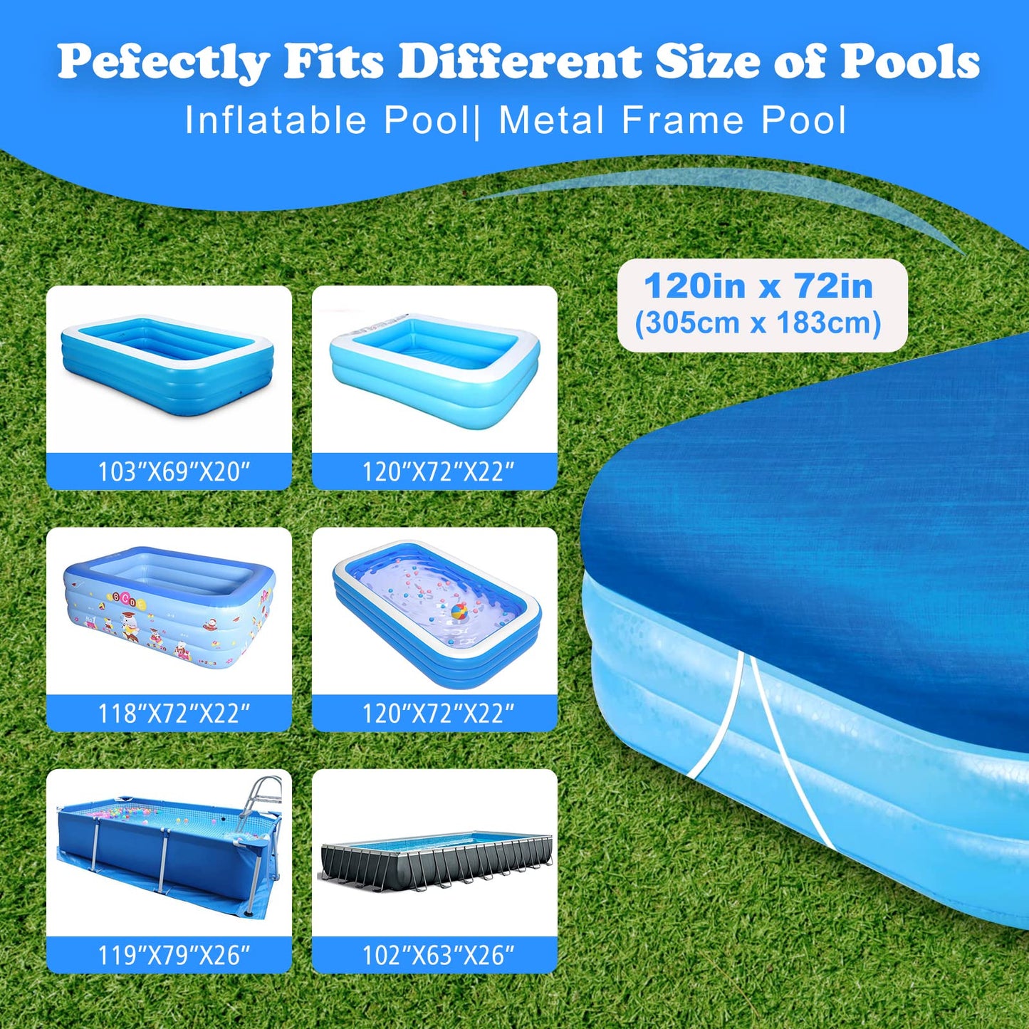Nirvany Rectangular Pool Cover, Fits 120 in x 72 in Inflatable Rectangle Swimming Pool Cover, Dustproof Rainproof Waterproof Square for Garden Outdoor Paddling Family Pools Protector
