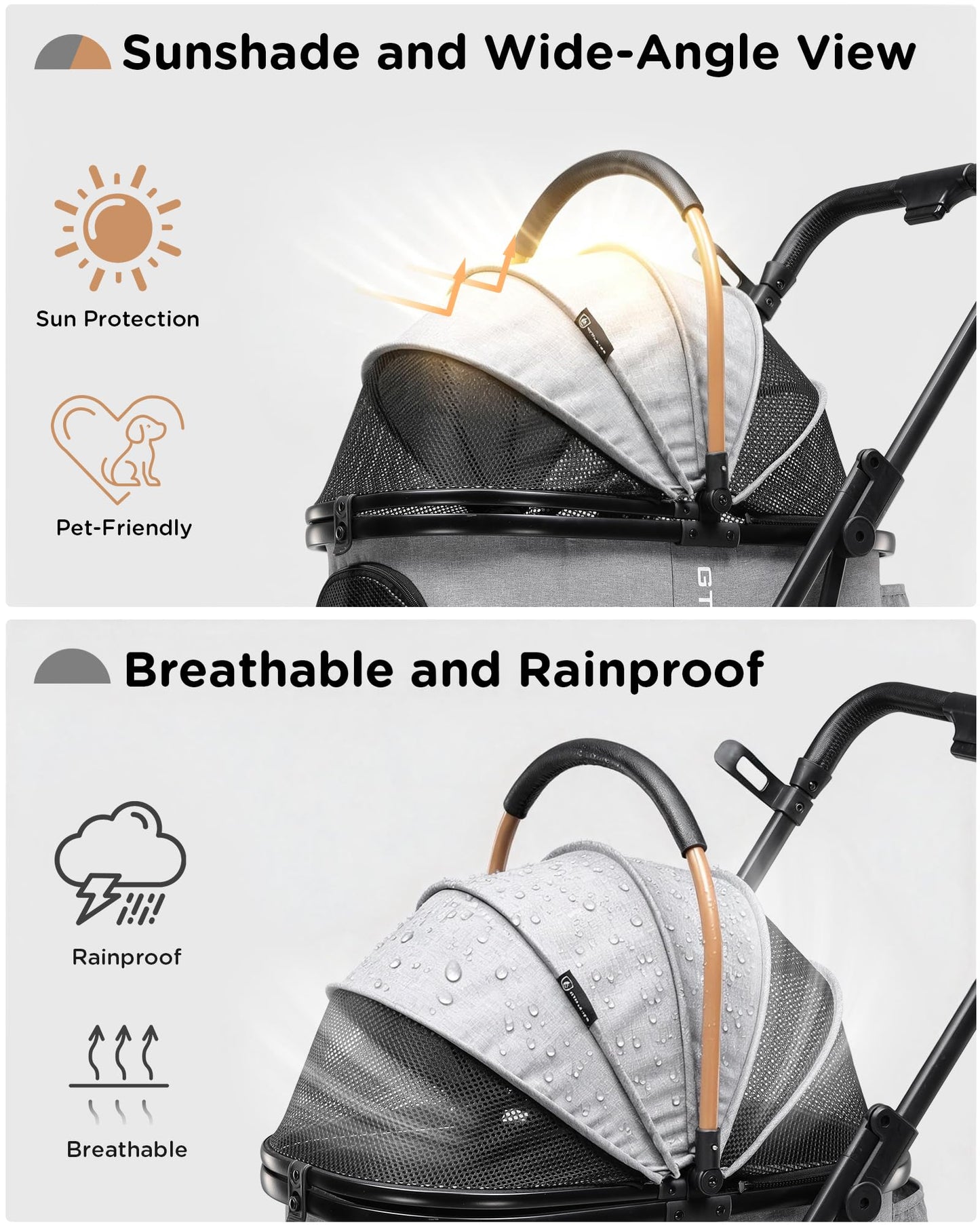 GTPLAYER Pet Stroller for Small Dogs and Cats, One-Click Foldable, Detachable Carrier, Breathable Mesh, 45 lbs Capacity, 2 Safety Leashes, Storage Basket & Cup Holder, Grey