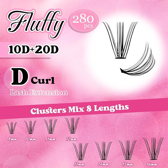 DIY Eyelash Extension 10D+20D Cluster Lashes Large Mixed Tray Natural Long Mink Individual Lashes Reusable False Eyelashes Extension (10D+20D-0.07-D, 8-16mm)