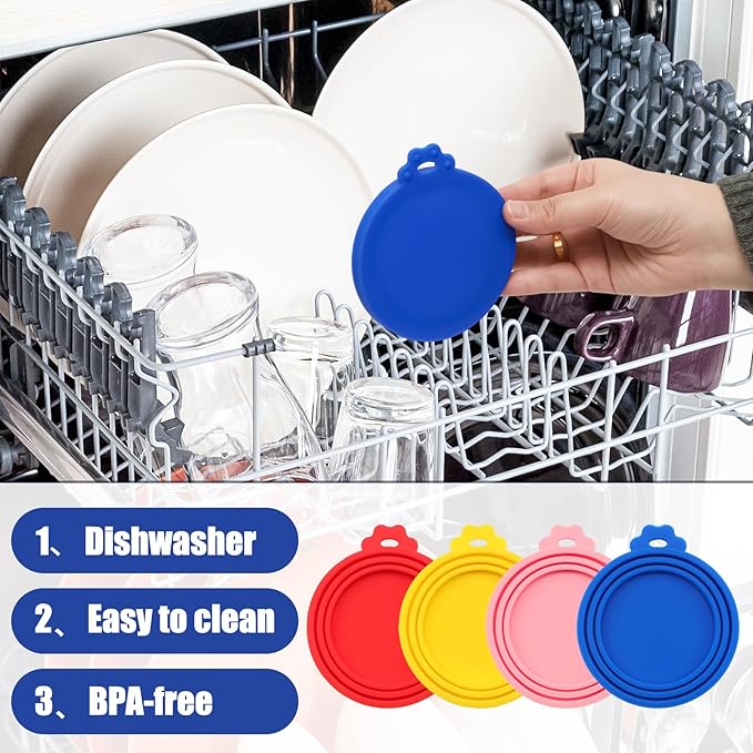 PINE & LINEN 4 Pcs Durable Pet Can Lids,One fit 3 Standard Size Silicone Waterproof Cat Food Cans Lids for 3oz/5.5oz/12.5oz/13.2oz Cat Food Cans（Yellow+Red+Pink+Blue）