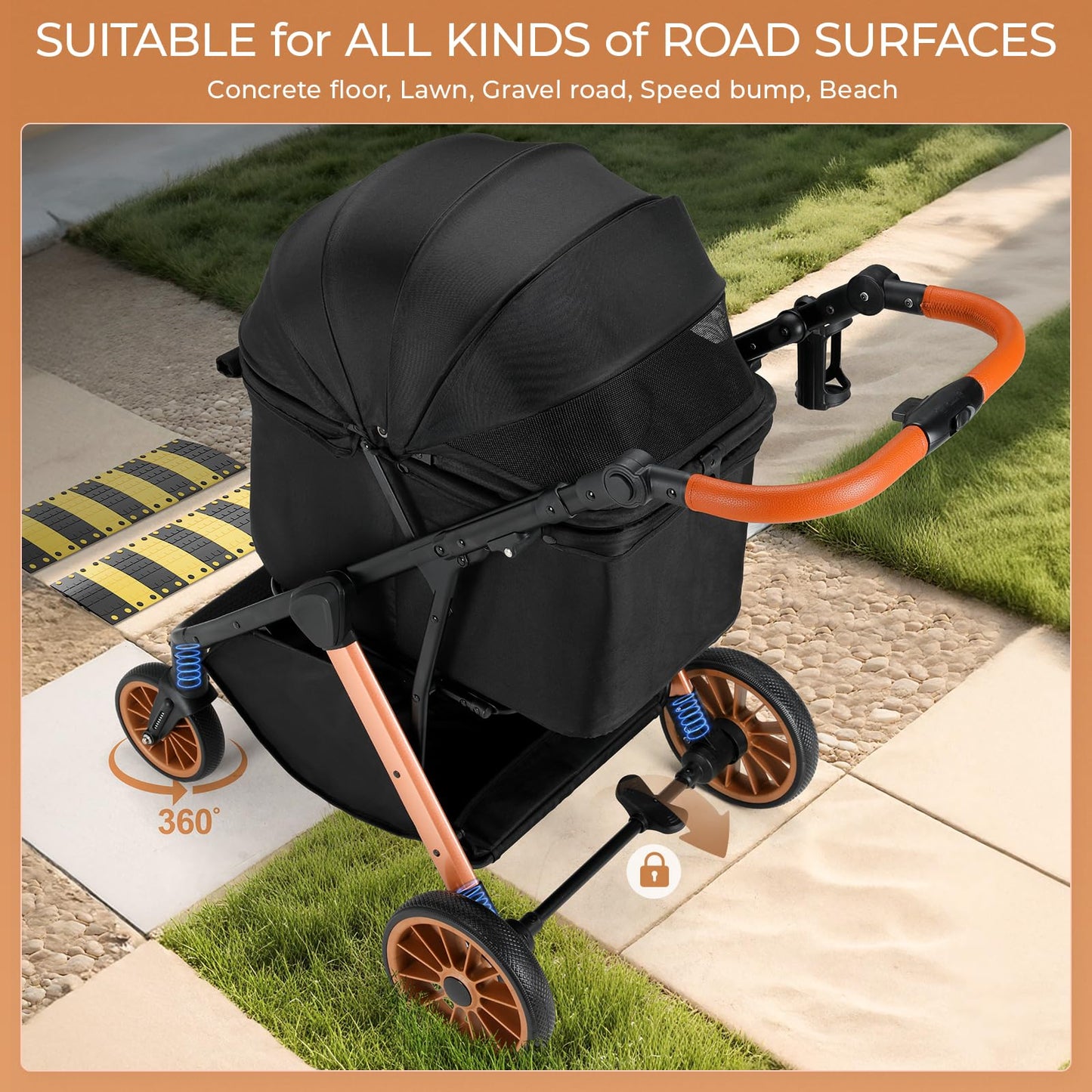 MAMIZO Foldable Dog Stroller for Medium Dogs Cats Up to 33 Lbs, Adjustable Height Handle, Pet Stroller with Aluminum and Carbon Steel Frame, Sun Shades, Storage Basket & Shock Absorbers, All-Terrain
