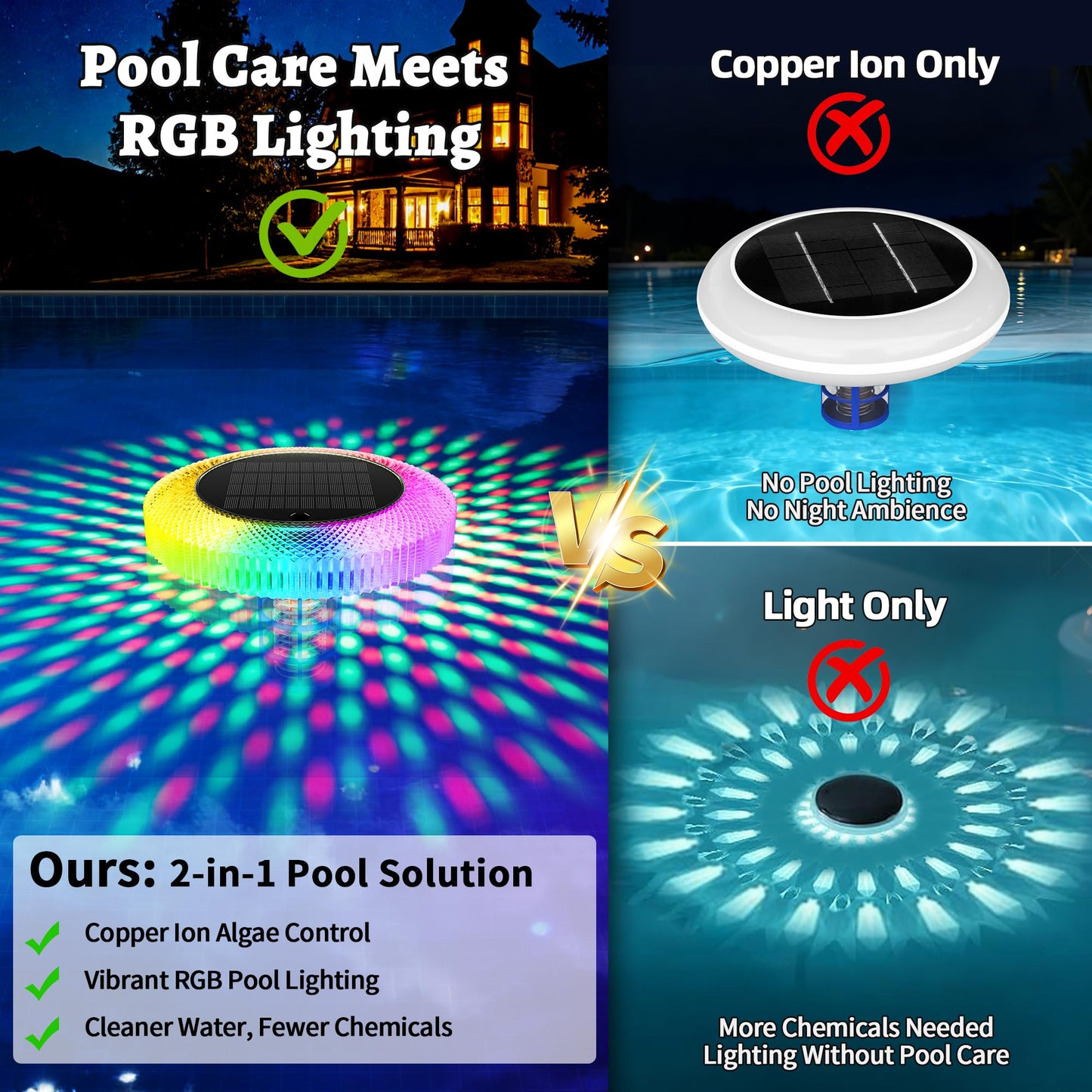 Solar Pool Ionizer Floating Lights: Copper Ionizer with LED Solar Powered Outdoor Waterproof Lighting RGB Color Changing Light with Remote Control for Above Ground Inground Swimming Pool Party Spa