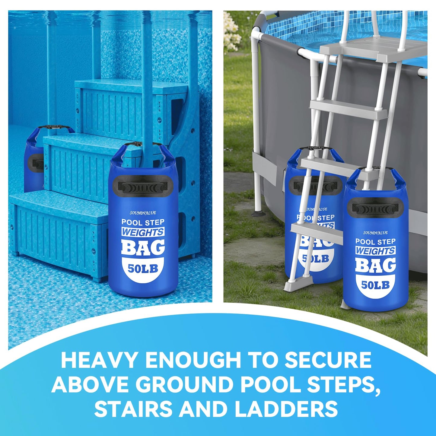 2 Pack 50lb Heavy Duty Pool Ladder Weights, Universal Above Ground Pool Step Sand Bags with Handles, 500D PVC Durable Waterproof & Foldable Sandbags for Swimming Pool Stairs (Navy Blue)