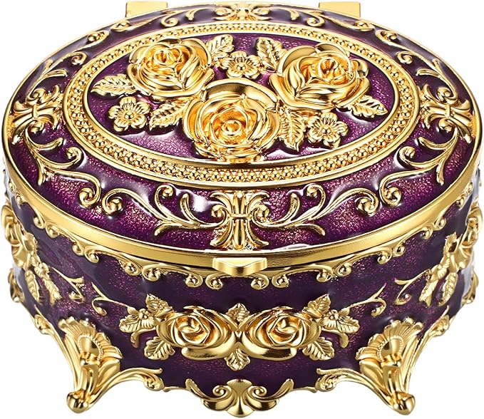 Hipiwe Vintage Oval Jewelry Storage Box Metal Trinket Organizer Purple Treasure Chest Box for Earring Necklace Ring Holder Gift for Women