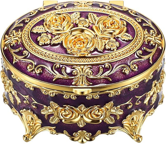 Hipiwe Vintage Oval Jewelry Storage Box Metal Trinket Organizer Purple Treasure Chest Box for Earring Necklace Ring Holder Gift for Women