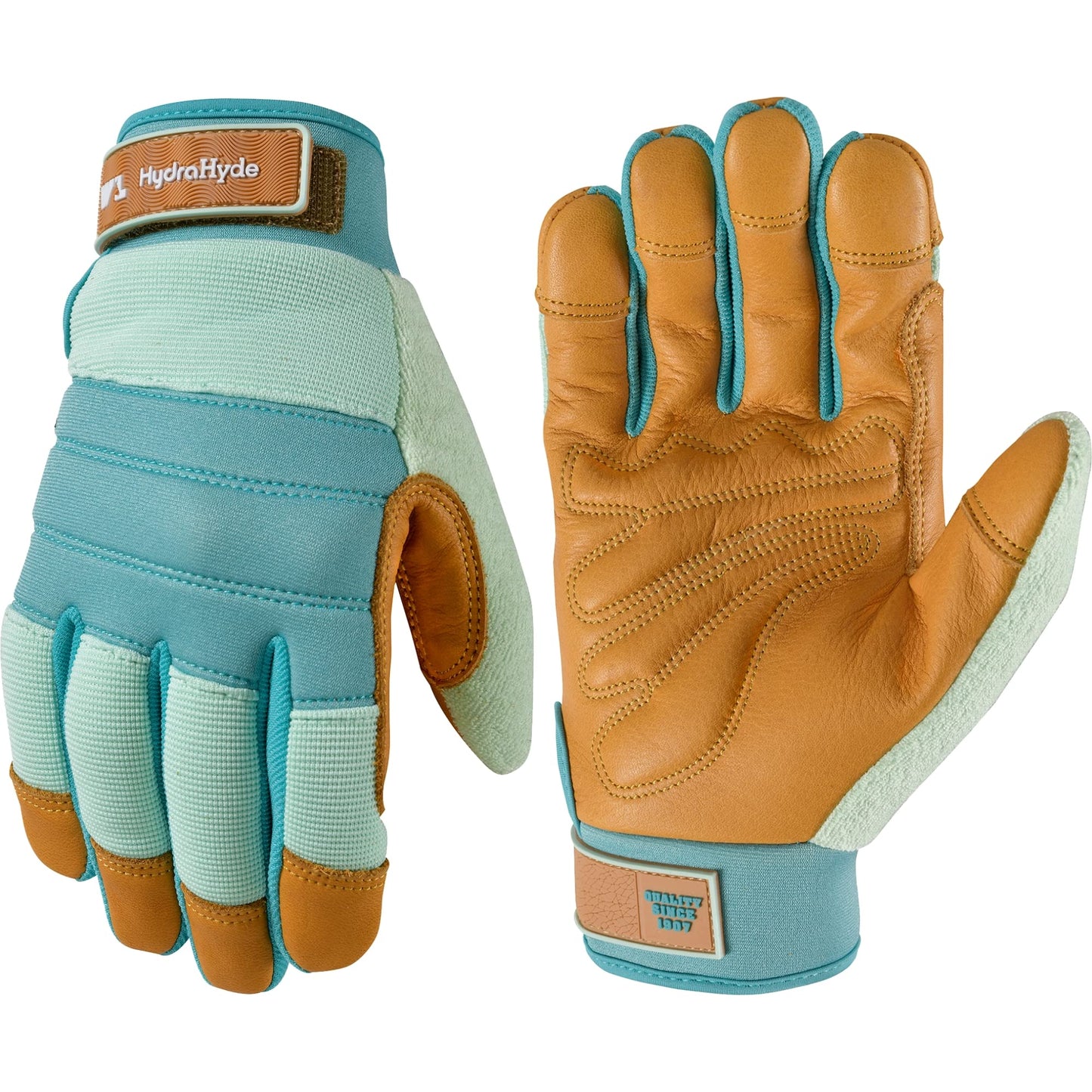 Wells Lamont Women's HydraHyde Leather Hybrid Gloves – Water-Resistant, Durable Cowhide Palm, Spandex Stretch Back – Ideal Landscaping/Farming/Gardening Gloves – Adjustable Wrist– Medium, Blue (3250M)