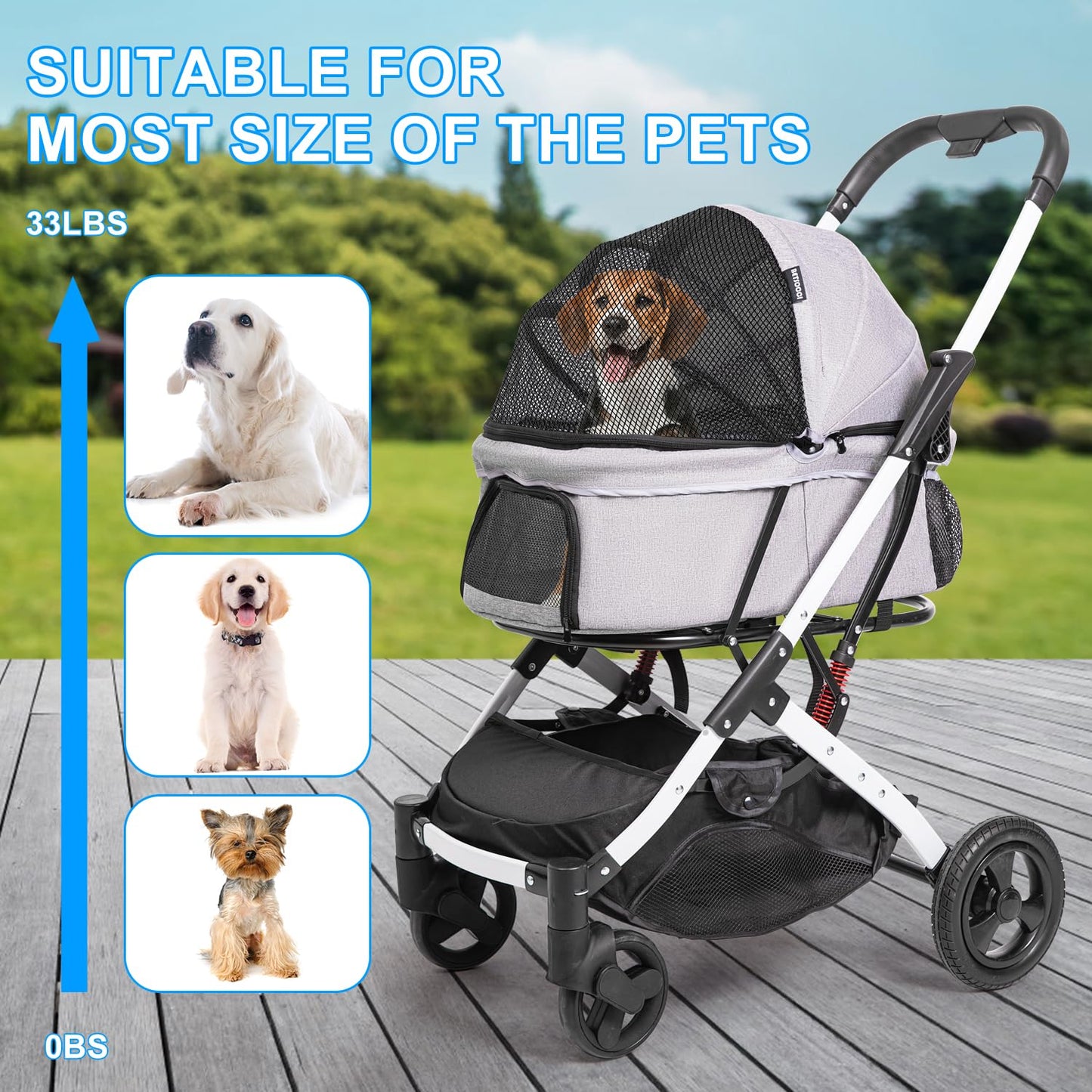 BETSOCCI Pet Stroller for Medium Small Dog & Cat, Foldable Lightweight Dog Stroller with Storage Basket Pet Travel Carriage with Safety Leashes, 4 Wheel, Gray