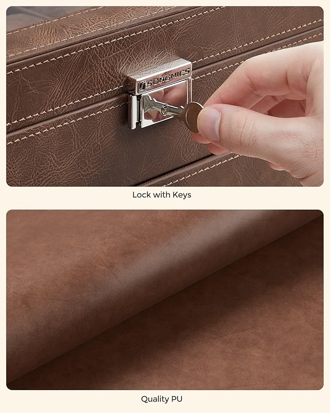 SONGMICS Watch Box, 12-Slot Watch Case Organizer with Large Glass Lid, 2 Layers, Removable Pillows, Metal Lock, Gift for Loved Ones, Brown Synthetic Leather, Brown Lining UJWB012K01