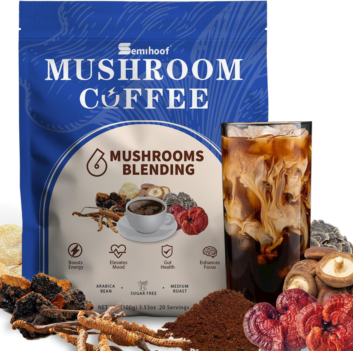 Seminhoof Instant Mushroom Coffee Powder Extract with Chaga,Lions Mane Turkey Tail Shiitake Cordyceps Reishi for better Focus, Energy, Digestion and Immunity Weight Loss Arabica Bean 20 Servings