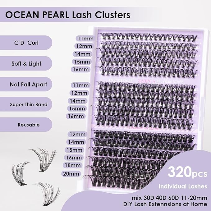 Ocean Pearl Lash Clusters 320PCS Natural Individual Lashes 11-20MM 30D 40D 60D Thick Volume Eyelash Extensions Soft Eyelashes Eyelash Clusters DIY Lash Extension-30+40+60D