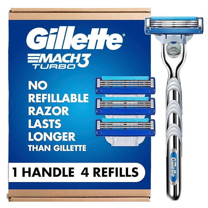 Gillette Mach3 Turbo Razors for Men, 1 Handle, 4 Blade Refills