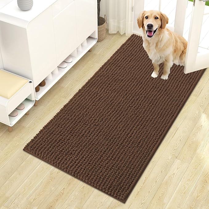 OLANLY Dog Door Mat for Muddy Paws 44x24, Ultra Absorbent Chenille Mud Doormat, Non-Slip Washable and Dirt Trapping Doormat for Indoor Entryway, Quick-Dry Indoor Pet Bed Mats for Dogs, Mocha