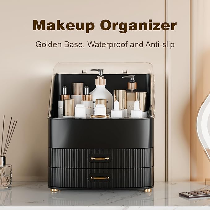 Makeup Organizer Countertop Vanity with Transparent Lid Drawers Waterproof Dustproof Cosmetic Skincare Bathroom Storage Gift for Women Teens Girls (Black)