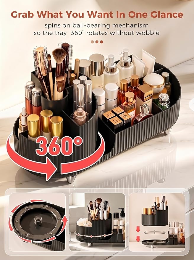 Booklov Rotating Makeup Caddy Organizer for Vanity, Large Capacity Cosmetic Display Case, Countertop Beauty Storage Holder for Skincare, Brush Eyeshadow Lipstick, Counter Desk Organization, Black