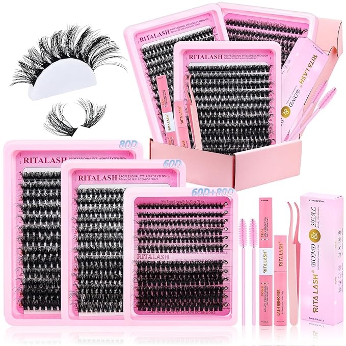 Lash Clusters Kit 3D Effect Cluster Eyelash Extensions Lashes Clusters Kit Eyelash Clusters Kit PestaÃÂ±as Postizas Naturales Lash Extension Kit+Lash Bond&Seal,Remover,Tweezers,Brush(60D+80D Lash Kit)