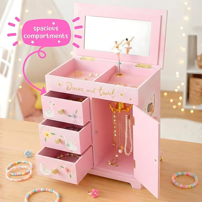 Giggle & Honey® Ballerina Musical Jewelry Box for Girls Ballerina Toys for Girls Age 4-6 Kids Jewelry Box with Drawers