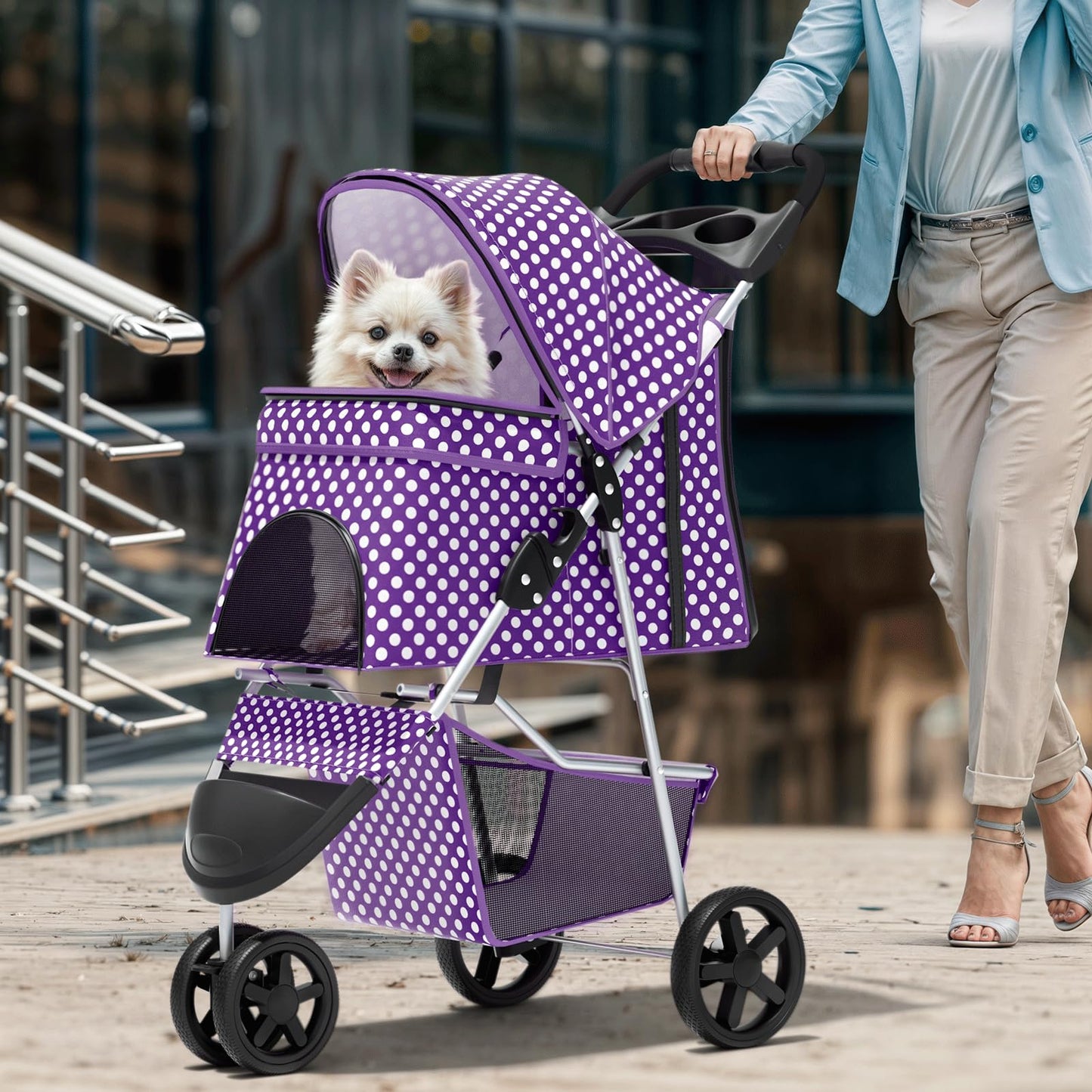 Magshion 3-Wheel Pet Stroller, Foldable Travel Jogger for Small & Medium Dogs & Cats (Up to 33lbs), Lightweight Carrier with Breathable Mesh Cover, Cup Holder & Storage Basket, Purple Polka Dots