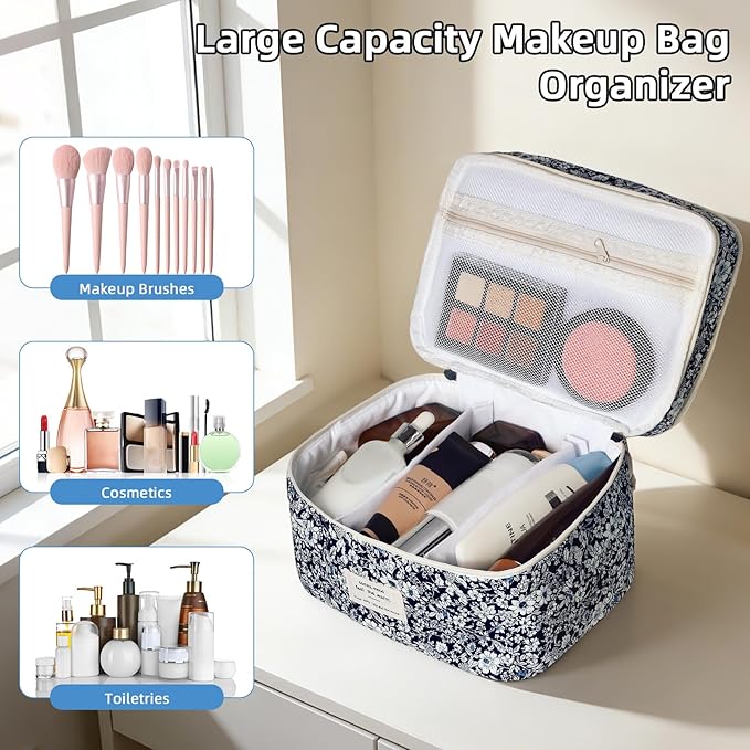 Makeup Bag, Portable Travel Make up Bag, Large Capacity Quilted Cosmetic Organizer Bag, Cute Floral Toiletry Bag for Women Girls (Black Rose)