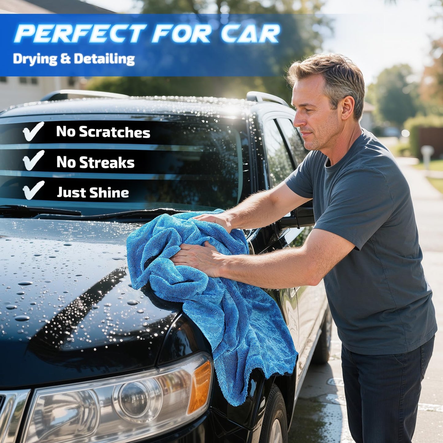 SMINDER 2-Pack 1200 GSM Car Drying Towels – Microfiber Towels for Cars (36" x 24"), Ultra-Absorbent, Streak-Free, Scratch-Free, No Water Spots, Double-Twist Pile & Edgeless Design(Blue)