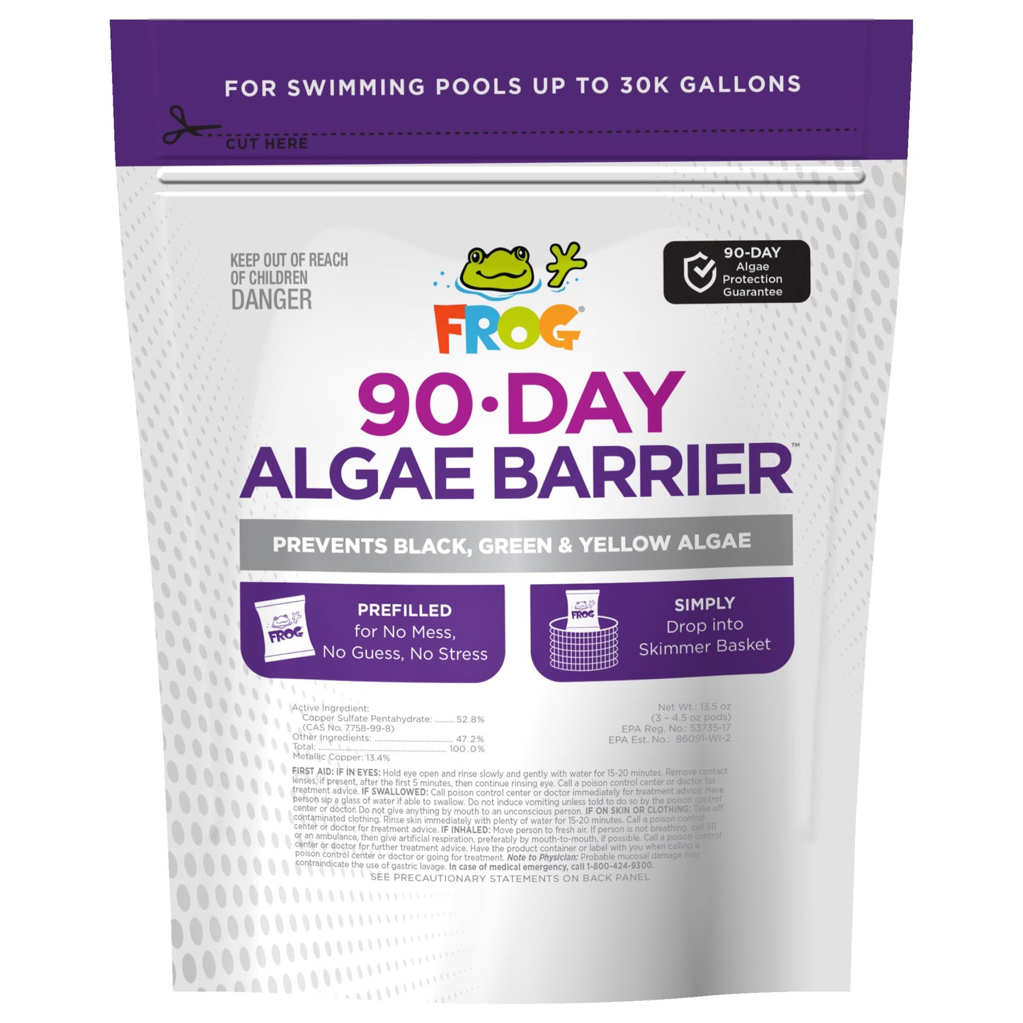 FROG 90-Day Algae Barrier - Dry Formula Algaecide Prevents Black, Green and Yellow Algae for Pools up to 30,000 Gallons - Pool Maintenance & Algae Prevention - 3 Pods