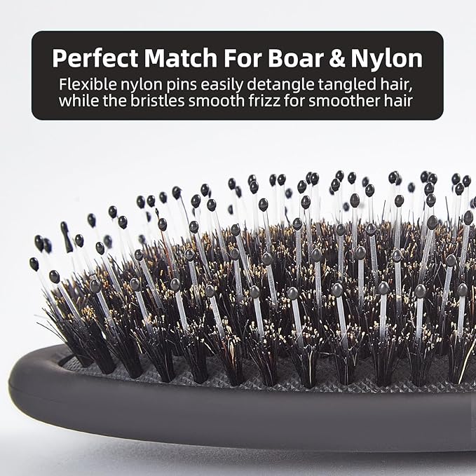 Boar Bristles Hair Brush for Women and Men, Detangling Hair Brush for Smoothing Massage Add Shine, Nylon&Boar Bristles Detangler brush for Hair Healthy (1 Pack-Black)