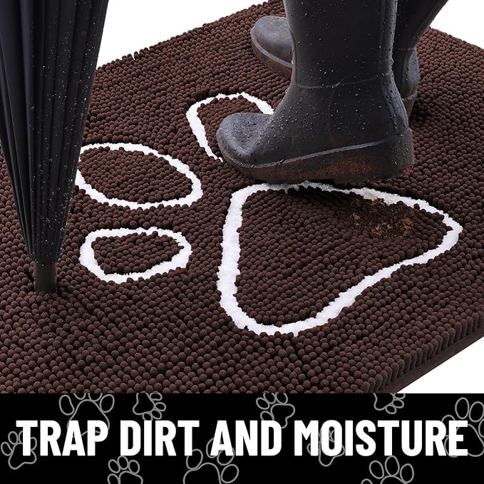 Smiry Dog Door Mat for Muddy Paws, Absorbent Dirt Trapper Non Slip Quick Dry Washable Chenille Mat for Mud Dogs, Entry Rug for Indoor and Outdoor (59x32 Inches, Brown and White)