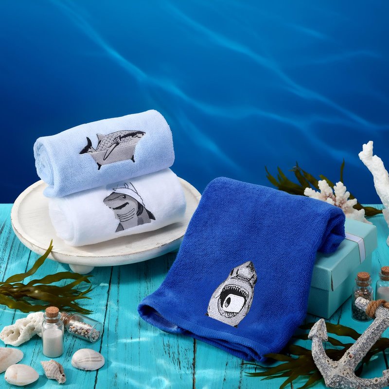 VitalCozy 3 Pcs Embroidered Shark Bathroom Hand Towels Shark Summer Decor 13.4 x 29 Inch Cotton Trendy Sea Beach Animals Bathroom Towels Decor for Funny Sea Lovers Gifts