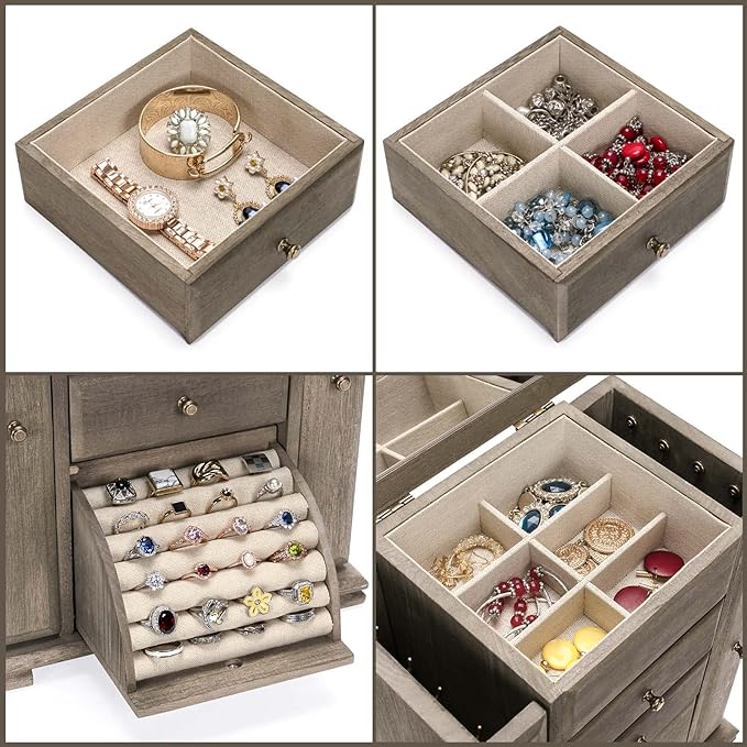 Emfogo Jewelry Box for Women, Rustic Wooden Jewelry Boxes & Organizers with Mirror, 4 Layer Jewelry Organizer Box Display for Rings Earrings Necklaces Bracelets (Weathered Gray)