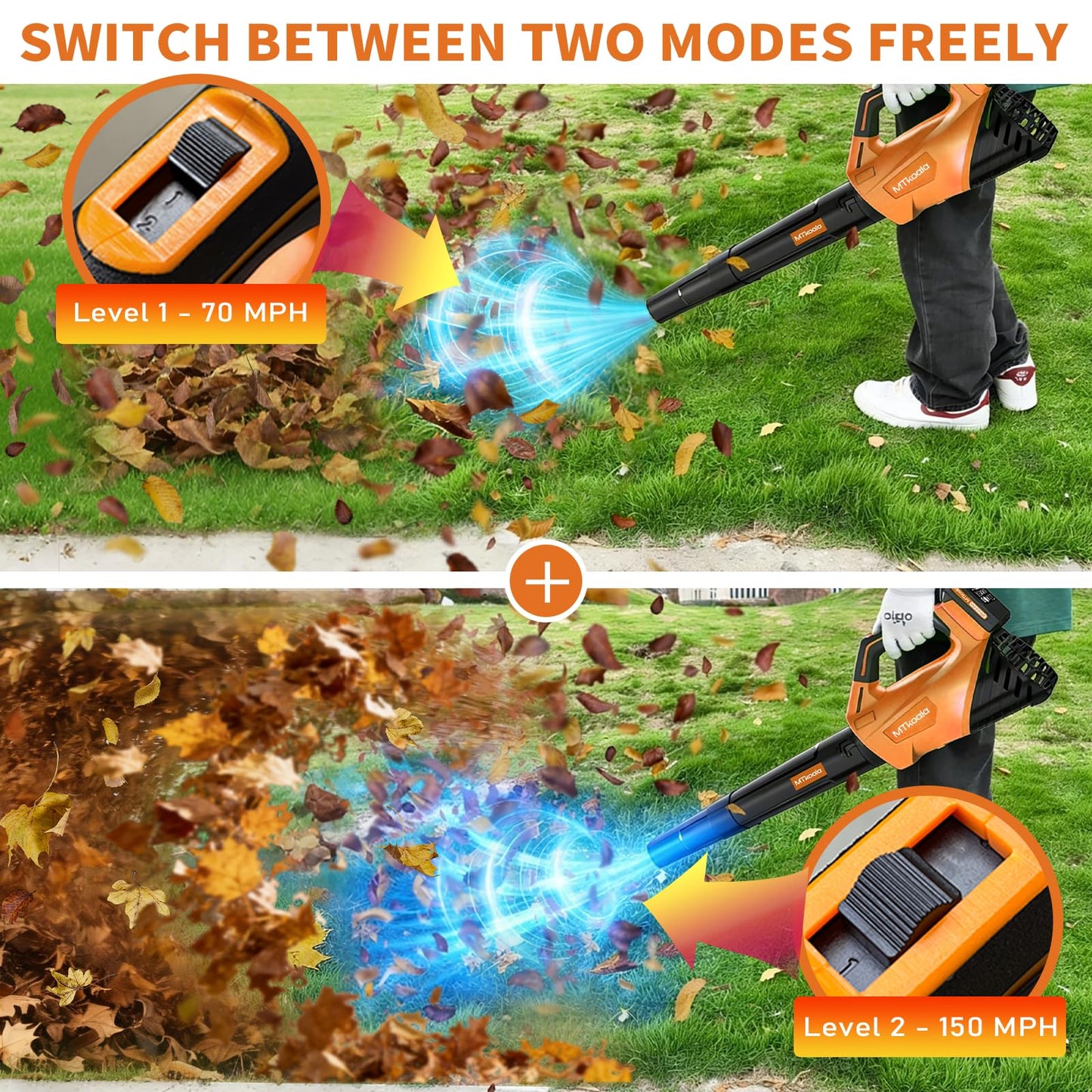 2026 Upgrade Leaf Blower, Leaf Blower Cordless with 2 * 2.6AH Batteries and Fast Charger, 450CFM &150MPH and 2 Speed Mode, Lightweight Electric Leaf Blowers for Lawn, Yard, Leaves, Dust Car (Orange)