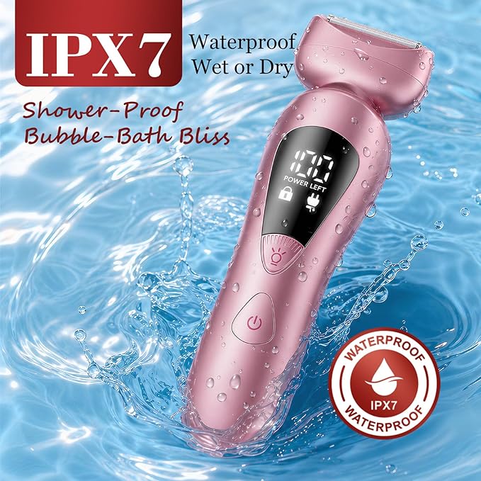 Cordless Electric Razors for Women: Rechargeable Painless Bikini Trimmer for Body Hair - IPX7 Waterproof Shaver with LED Display for Face/Underarm/Leg Soft Pink