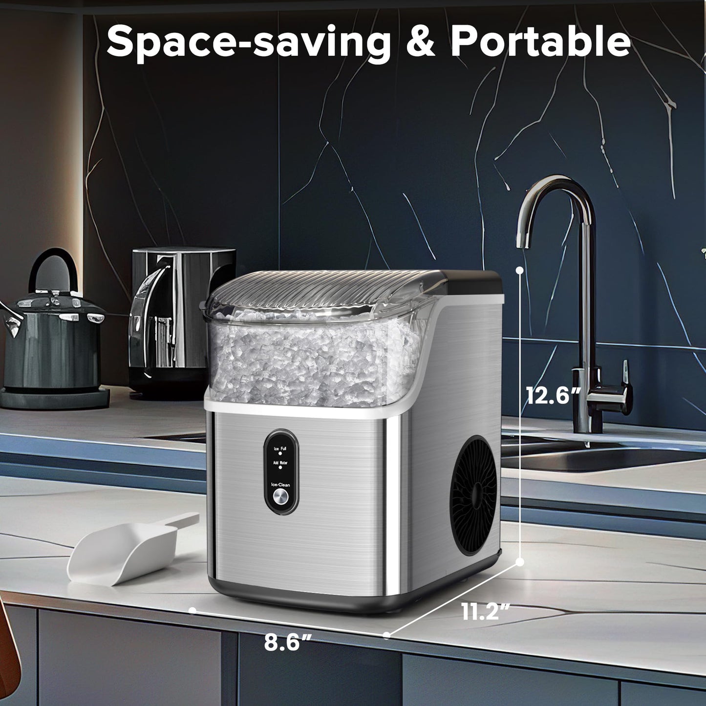 Electactic Nugget Ice Maker Countertop with Handle, 34lbs/24H, Portable Pellet Ice Machine, Soft Chewable Ice, Self-Cleaning, One-Touch Operation for Home, Party, Office, Gift Idea (Black)