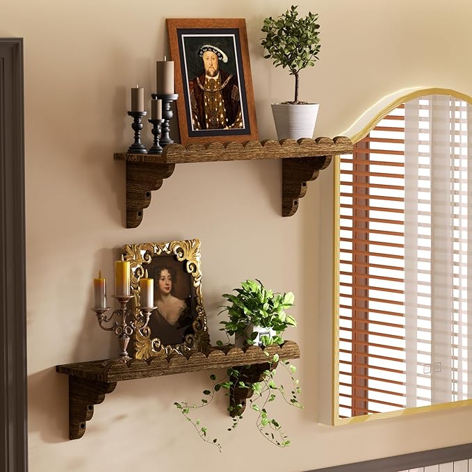 QsQueen Scalloped Wood Wall Shelf Ã¢ÂÂ 17 Inch Floating Shelf with Wood Brackets, Easy to Install Rustic Wall Shelf for Living Room, Bedroom, Bathroom, or Any Space