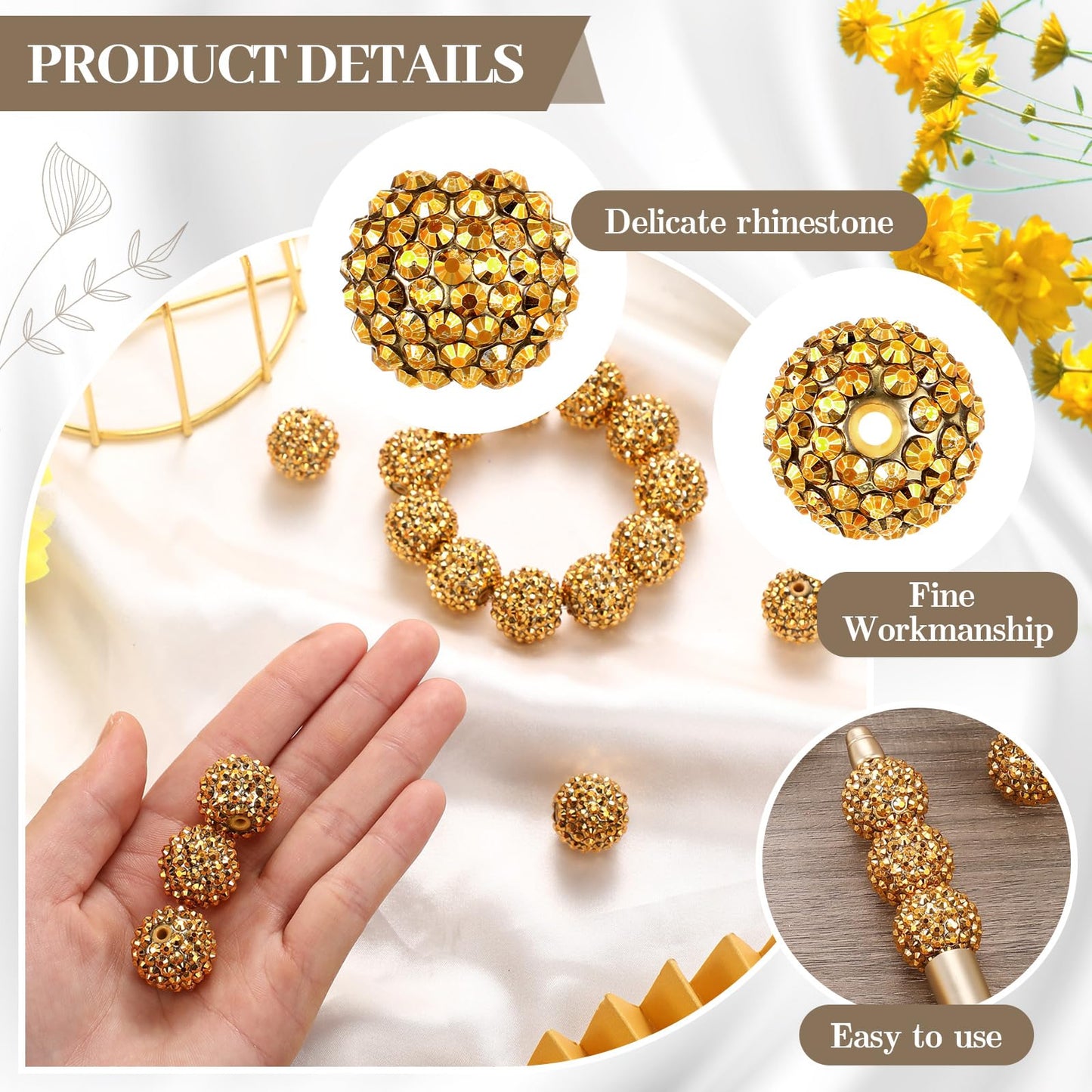 Loetere 40 Pcs 20 mm Rhinestone Beads Bulk Crystal Round Disco Ball Chunky Bubblegum Beads for Pens Bracelets Charms Craft European Style Jewelry Making Supplies Christmas(Gold)