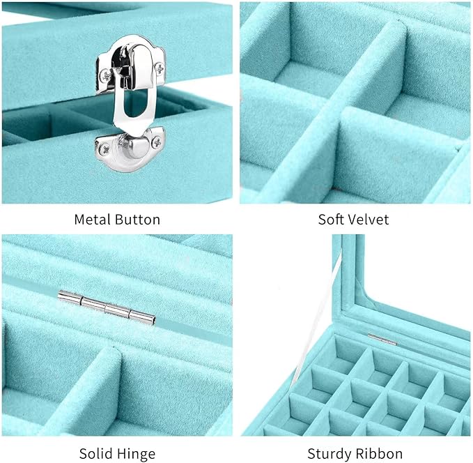 Velvet Jewelry Box 24 Grid Jewelry Earrings Display Organiser Box Ring Tray Holder Earrings Storage Case for Girls Women Wife Mom (Light blue)