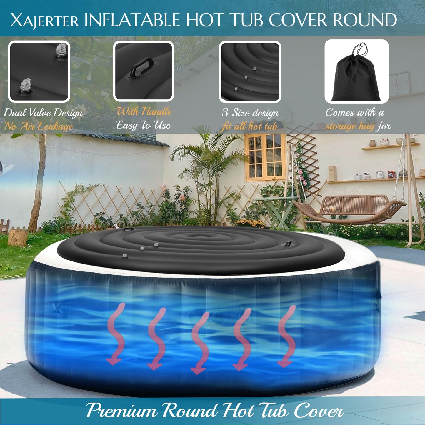 Inflatable Hot Tub Cover Round, Fits Saluspa Coleman Intex Cover, Thermal Insulated & Energy-Saving Weatherproof Protector, Unique Design Flexible Adjust Pool Cover Size Replacement-Life Time Support