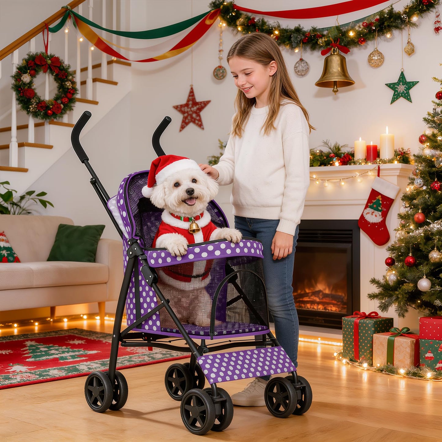 MoNiBloom 4 Wheels Pet Stroller, Easy-Fold Umbrella Shaped Dog Cat Jogger Stroller w/Storage Bag & Visible Mesh for Small/Medium Dogs Cats Purple Polka Dots