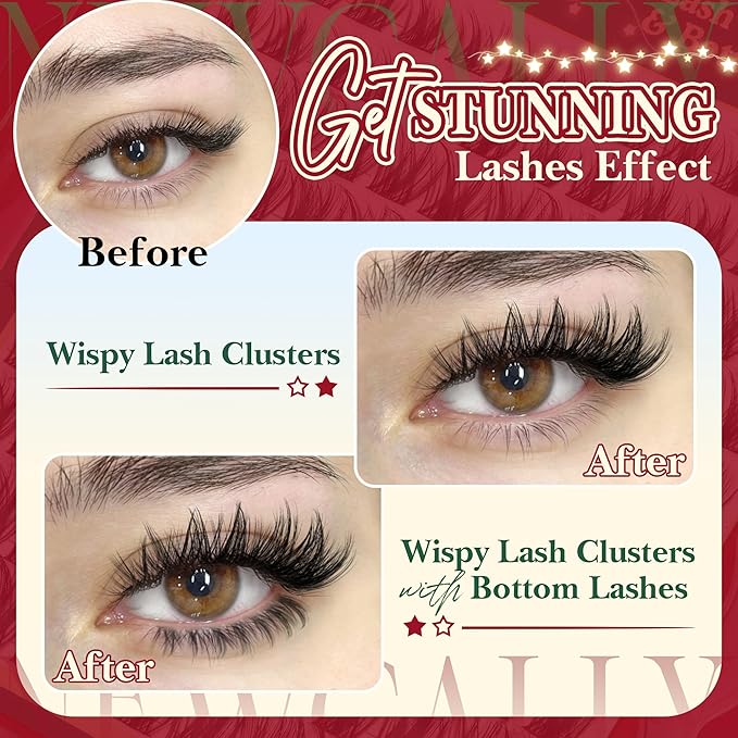 Wispy Lash Clusters Kit Natural Eyelash Clusters Kit C-curly Individual Lashes Kit Cluster Eyelash Extensions Kit 10-16 MM DIY Lash Extension Kit with Bottom Lashes by Newcally