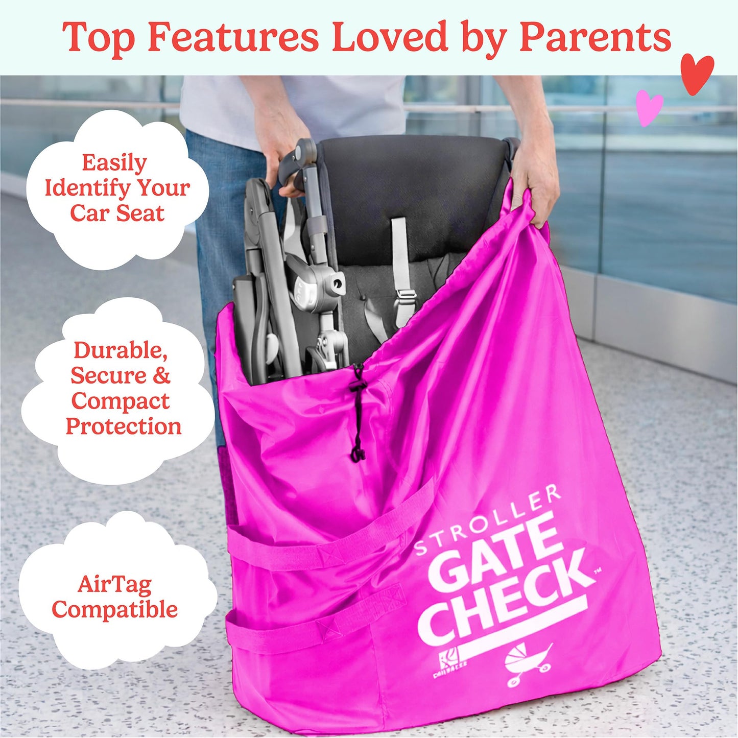 J.L. Childress Gate Check Bag for Single & Some Double Strollers - Travel Bag for Airplane, Fits Most Standard Baby Strollers, Airport Accessories Gate Check, Flying Essentials - Neon Pink
