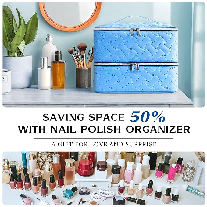 DreamGenius Nail Polish Organizer Case Holds 42 Bottles, Portable Double-Layer Nail Polish Storage Bag with Adjustable Dividers for Manicure Tools, Light Blue