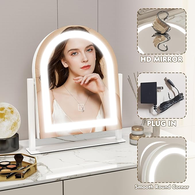 ROLOVE Lighted Makeup Mirror with 3-Color Dimmable Lighting, with Removable 10x Magnifier, Smart Touch Control, 360° Rotation, 15" x 13" Hollywood Vanity Mirror for Tabletop or Desk (White)
