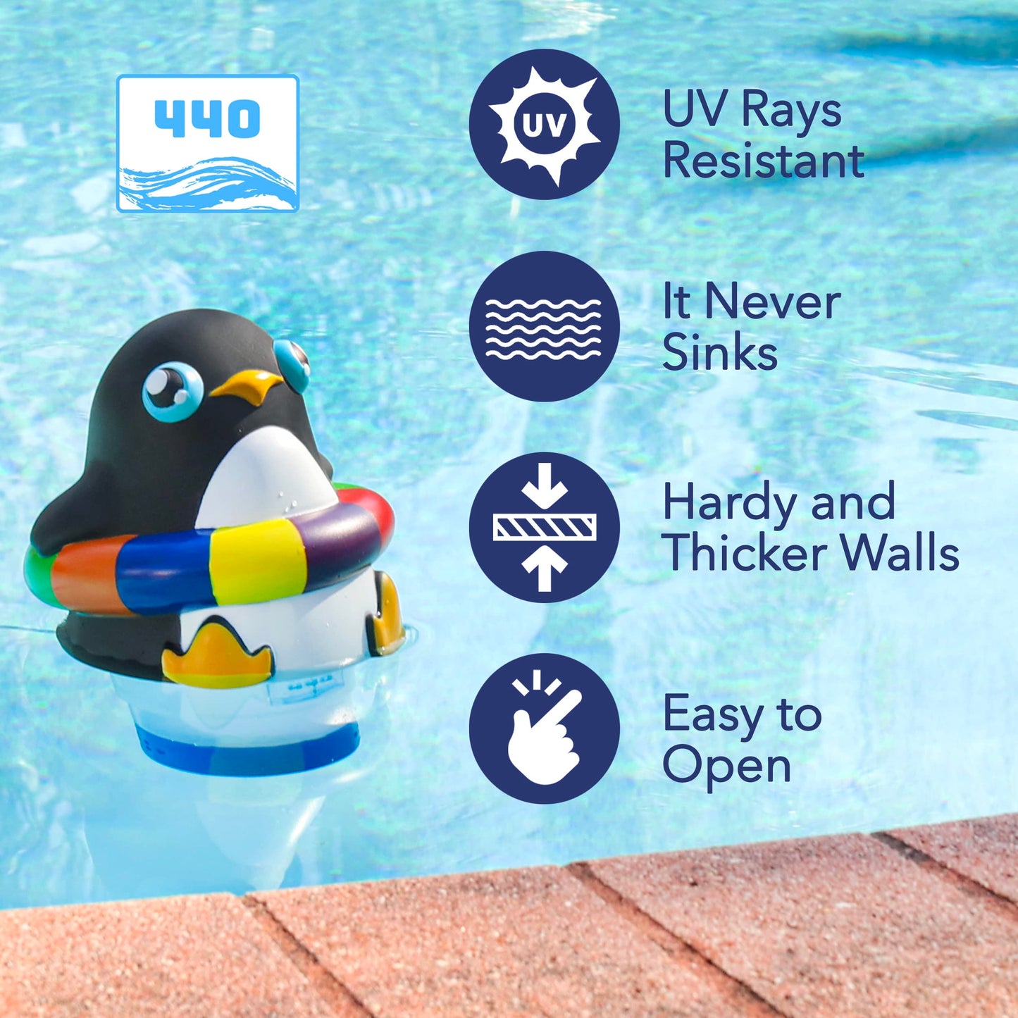 440 Pool Chlorine Floater Dispenser, Fits Up to 3 Pieces of 3-Inch Chlorine Tabs, Adjustable Flow, Control, Heavy-Duty Plastic - Suitable for Small & Large Pools - 8 Ounces | Cartoon Penguin