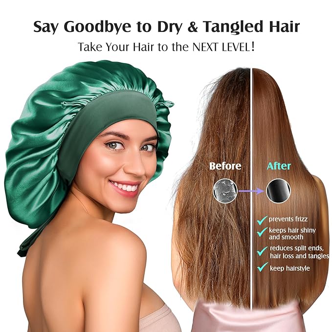 YFONG 100% 22 Momme Mulberry Silk Bonnet for Sleeping Women, Larger Double Layer Silk Hair Wrap for Curly Short Long Hair, Non-Slip Sleep Shower Cap Turban with Elastic Tie Band, Deep Green