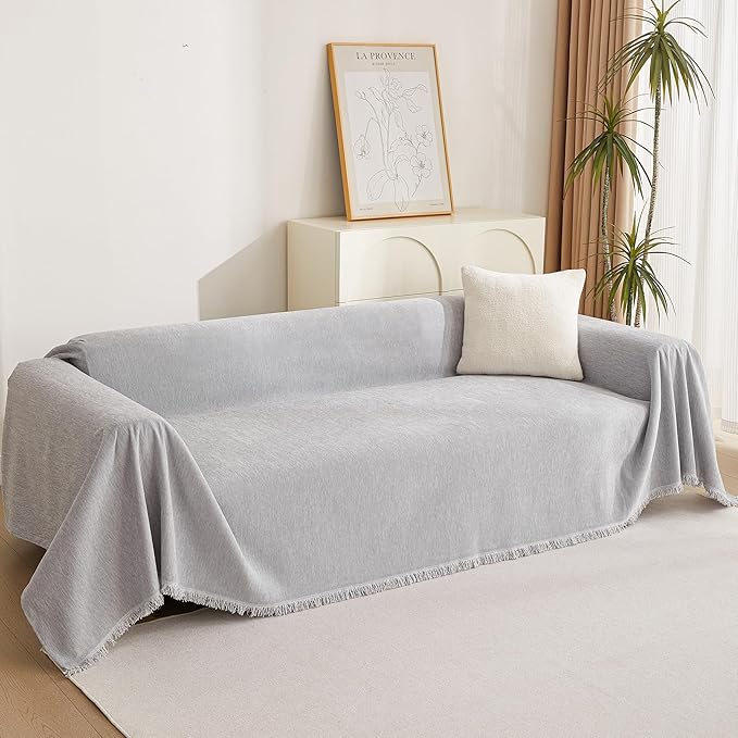 MYSKY HOME Chenille Sofa Cover for Dogs Cats Light Gery Couch Cover with Tassel Edge Farmhouse Furniture Protectors for Pets Thick Durable Sectional Couch Covers for 2 Cushion Couch, 71"x 102"