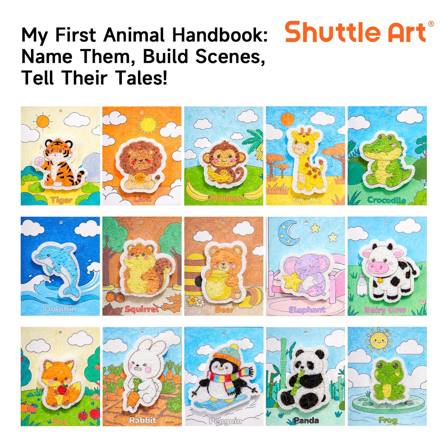 Shuttle Art 63 Pcs Magic Foam Texture Painting Kit – Animal Series: 15 Animal Foam Pieces, Coloring Book with 15 Scenes, 12 Acrylic Paint Markers, Magical 3D Effect DIY Art Craft