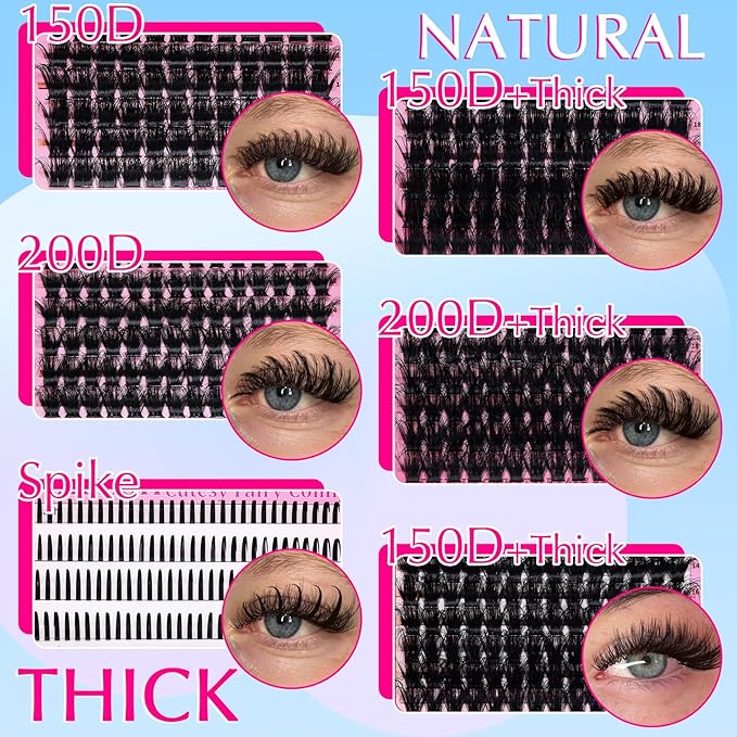 Lash Clusters Kit 3D Effect Volume Lashes Clusters Kit Wispy Cluster Eyelash Extensions D Curl Eyelash Clusters Kit PestaÃÂ±as Postizas Naturales+Bond&Seal,Remover,Tweezers,Brush(150D+200D+Spike Kit)