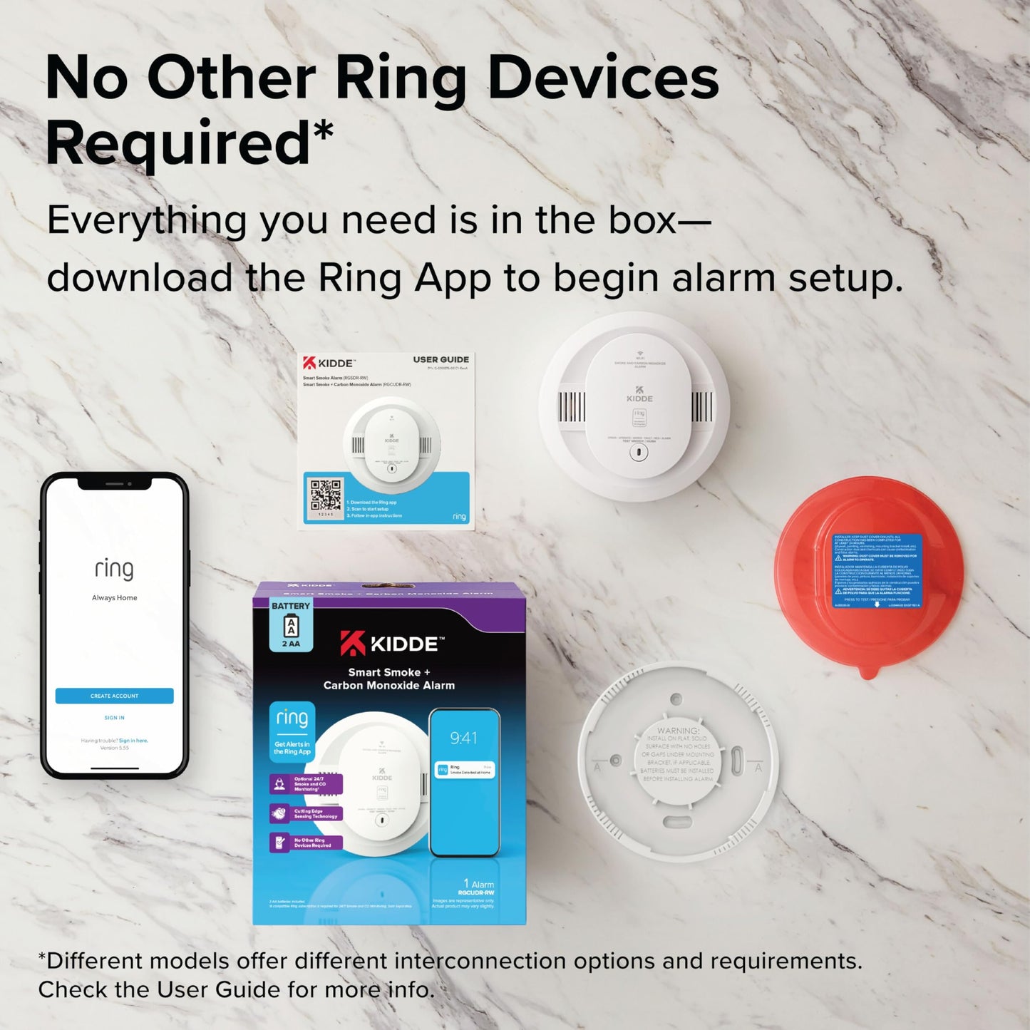 Kidde Smart Smoke and Carbon Monoxide Detector, Ring App Enabled for Real-Time Notifications, Hardwired Alarm, AA Backup Battery