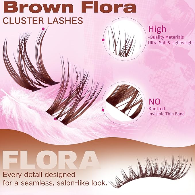 Geeneiya BROWN FLORA Lash Clusters Kit DIY Lash Extension, 8-18MM Wispy Lashes Clusters, Invisible Soft Band Eyelash Extension Kit with Waterproof Lash Bond and Seal, Lash Remover, Tweezers