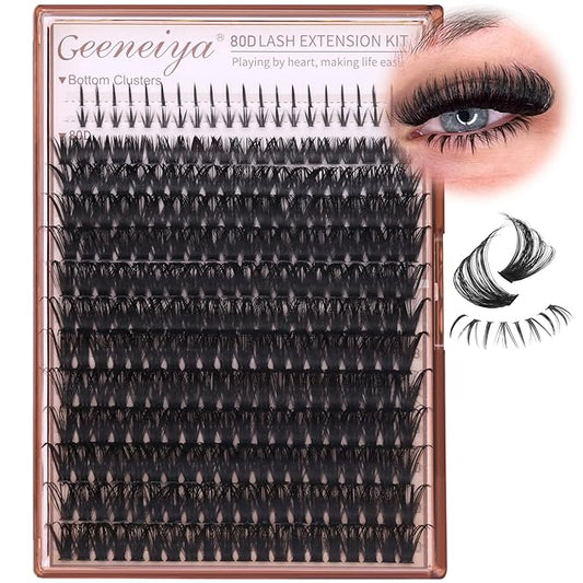 Geeneiya Cluster Eyelash Extensions with Bottom Lash Clusters 10-20mm DIY Lash Extension Wispy Volume Eyelash Clusters and Manga Spike Under Lashes for Beginners