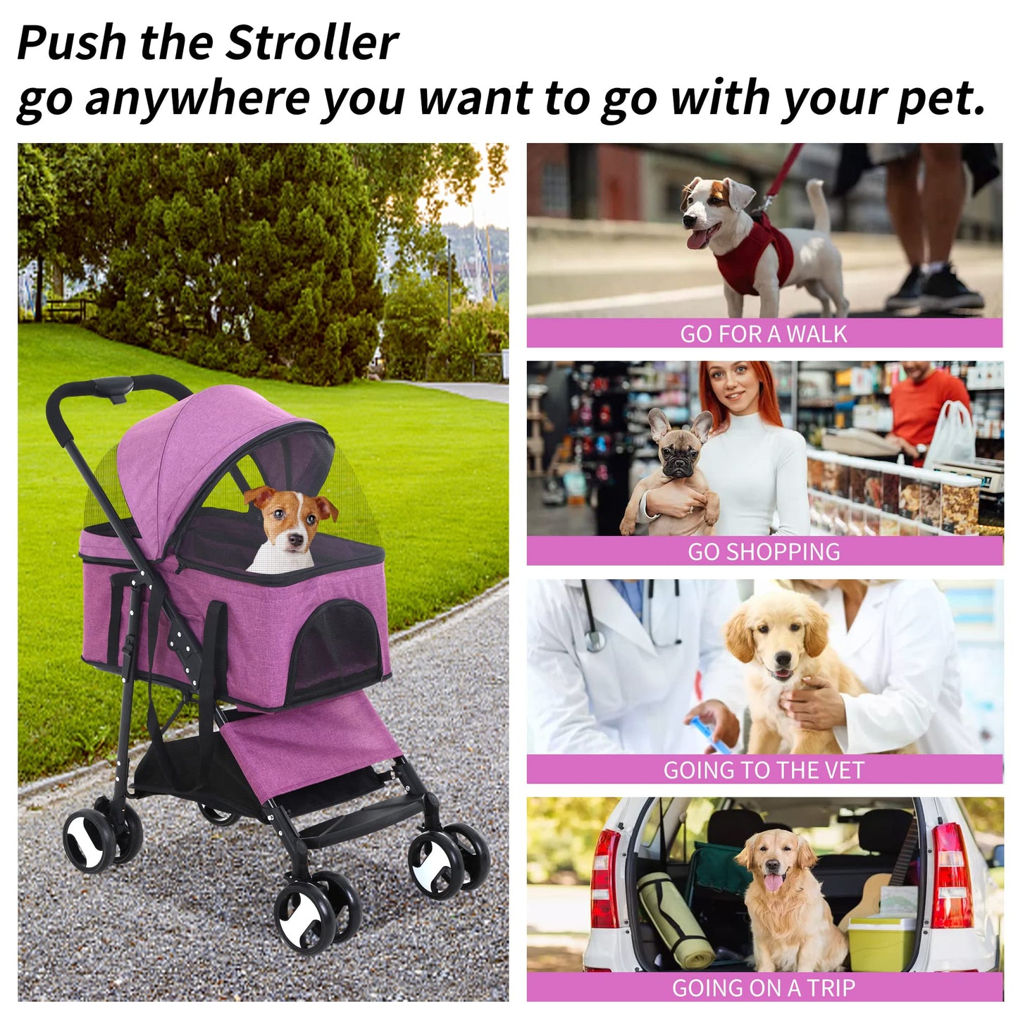 BLKMTY Dog Stroller 3-in-1 Folding Pet Strollers 4 Wheels Cat Stroller w/Storage Basket Dog Carrier Trolley One-Button Switch Travel Strollers with Safety Belt Detachable Carrier, Purple
