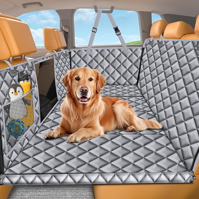 URPOWER Backseat Extender for Dogs - Hard Bottom Dog Car Seat Cover for Back Seat, Dog Hammock for Car and SUV, Pet Rear Seat Protector Dogs Travel Bed with Mesh Window & Side Flaps